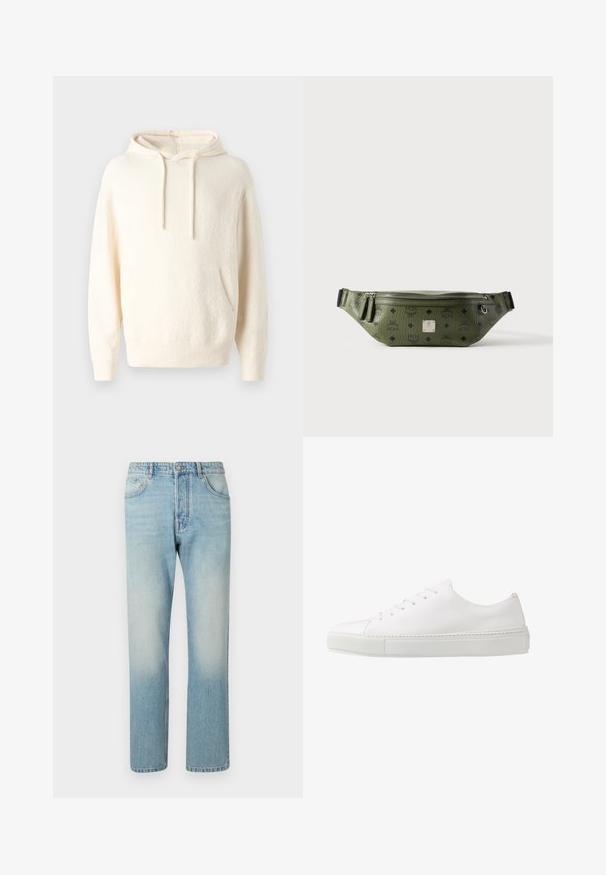 Sudadera con capucha color crema fabricada en un tejido suave, que cuenta con un bolsillo tipo canguro, puños acanalados y un acabado texturizado.; Jeans de color azul claro hechos de denim, con un diseño de pierna recta, estructura de cinco bolsillos y efecto de lavado desgastado en los muslos.; Zapatilla blanca de cuero con un acabado suave, puntera redonda y seis ojales para los cordones. Cuenta con una suela de goma texturizada y un diseño minimalista.; Bolsa de cintura de cuero texturizado verde oliva con logotipos negros, cremallera plateada, tiradores dobles y placa central de marca en plata.