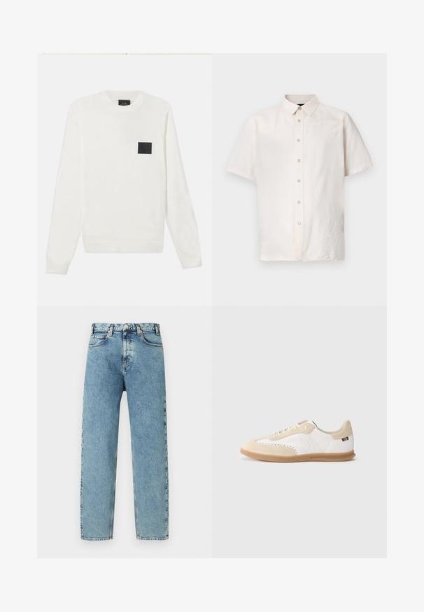 Suéter blanco de punto con mangas largas, cuello redondo y un parche cuadrado negro en el pecho. Textura suave y puños y dobladillo acanalados.; Camisa de manga corta en tejido beige claro, con un frente abotonado, cuello modesto y detalles de costura sencilla a los lados.; Vaqueros de mezclilla azul claro con corte de pierna recta, cinco bolsillos y cierre con botón de latón. La tela tiene una textura ligeramente desgastada y un aspecto desteñido.; Zapatilla blanca con detalles en ante beige claro, perforaciones, cordones planos y suela de goma color caramelo. Presenta una marca a rayas en el talón.