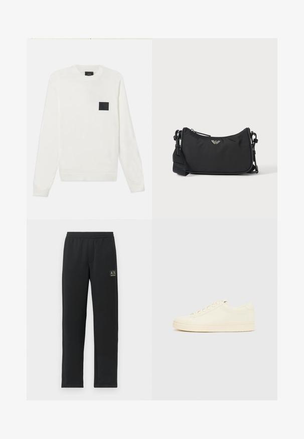Hvid strikket sweater med lange ærmer, rund hals og en sort firkantet lap på brystet. Glat tekstur og ribbede manchetter og kant.; Sorte sweatpants med lige ben, elastisk talje og sort logo-patch på venstre lår.; Sneaker i cremefarve med en glat læderoverdel, rundet tå, snørelukning foran og en tekstureret gummisål. Minimalistisk design uden logoer.; Sort rektangulær crossbody taske med sølv brandlogoemblem og justerbar rem på lys baggrund.