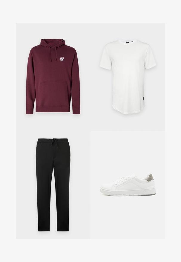 Bordeaux hoodie lavet af blødt stof, med en frontlomme og hætte med snørebånd. Inkluderer et lille hvidt logo på brystet.; Hvid kortærmet t-shirt lavet af bomuld, med rund halsudskæring og en let forlænget ryg, samt en lille logoaccent på siden.; Jack & Jones Joggers Tapered Fit - Bukser - black; Hvid sneaker lavet af glat læder, rund tå, minimalistisk design, grå hælafsats og tekstureret gummisål.