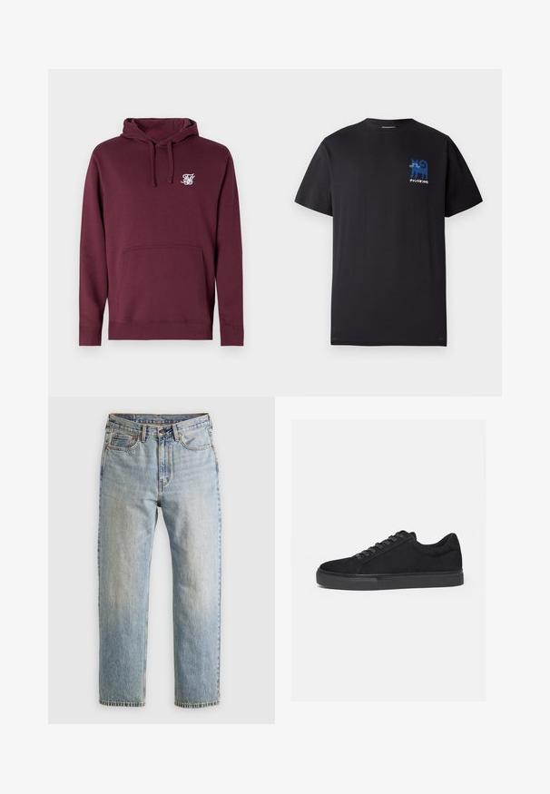 Bordeaux hoodie van zachte stof, voorzien van een voorkant met een zak en een capuchon met trekkoord. Inclusief een klein wit logo op de borst.; Zwart katoenen T-shirt met korte mouwen. Bevat een blauw bedrukt ontwerp van een kat en tekst aan de linkerkant van het borstgebied.; Lichtblauwe denim jeans met hoge taille, frontknop, rits en vijfzakkenontwerp, plat gelegd op een neutrale achtergrond.; Zwarte lage sneaker met veterluiting aan de voorkant en platte rubberen zool, zijaanzicht op een witte achtergrond.