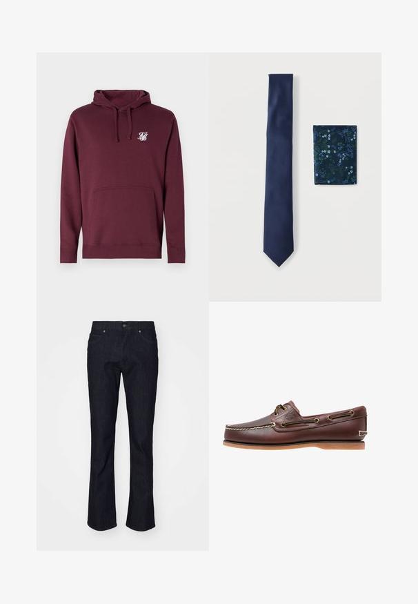 Bordeaux hoodie lavet af blødt stof, med en frontlomme og hætte med snørebånd. Inkluderer et lille hvidt logo på brystet.; Mørk denim jeans med lige ben-design, der har en klassisk fire-lomme stil og diskrete syninger. Metalknap og nitter inkluderet.; Brun læder bådsko med hvide sømme, snøre detaljer og lysbrun gummisål, vist fra siden på hvid baggrund.; Marineblåt slips i silke med en glat tekstur og spids ende, kombineret med et lommetørklæde med et mørkt blomsterprint i blå og grønne nuancer.