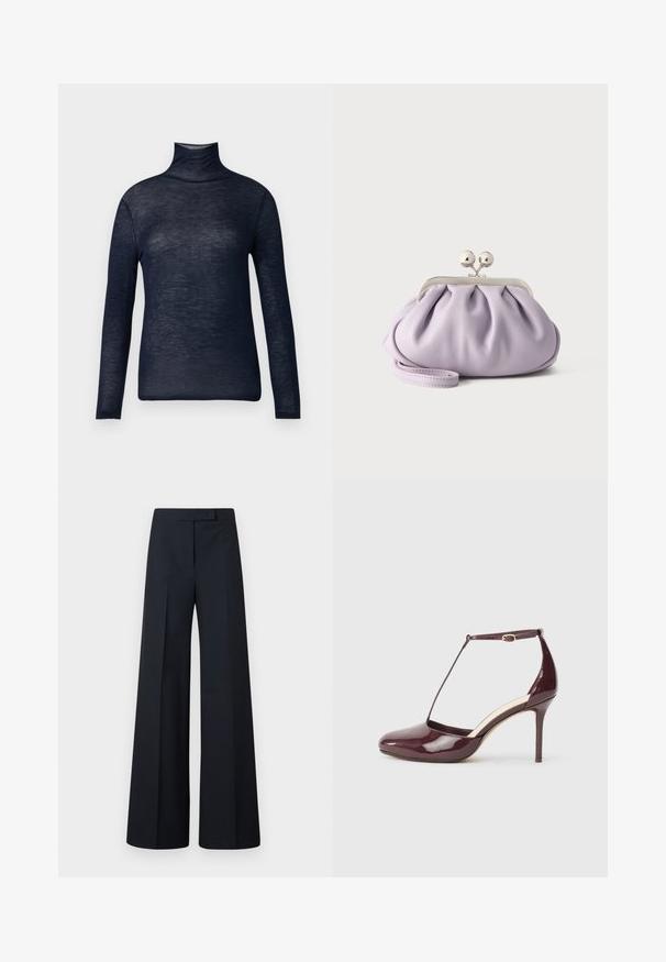 Haut col roulé bleu marine en tissu léger, avec des manches longues et une silhouette ajustée. Texture lisse avec un minimum de détails.; Pantalon large noir taille haute avec plis, fermeture avant dissimulée et taille cintrée.; Chaussure à talon haut en cuir verni bordeaux avec bout pointu, boucle sur la bride de cheville et détail de bride en T sur fond neutre.; Pochette lavande douce avec tissu froncé, fermoir kiss-lock argenté et bracelet assorti sur un fond clair uni.