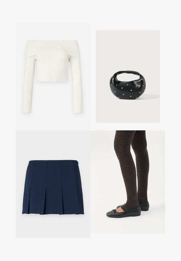 Top court à épaules dénudées en texture côtelée, fabriqué en tissu blanc doux. Présente des manches longues et une coupe ajustée.; Jupe mini plissée bleu marine avec une taille droite, fabriquée à partir d'un tissu lisse. Présente des coutures verticales le long des plis.; Jambes portant des leggings côtelés foncés associés à des ballerines noires avec de petits détails en nœud sur fond blanc.; Sac à main en cuir noir de forme arrondie, décoré de clous argentés et équipé d'une poignée courte. Texture lisse et fermeture éclair.