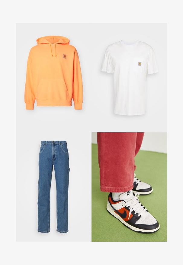Sudadera con capucha de algodón naranja, con un bolsillo frontal, capucha ajustable con cordón y un pequeño parche de marca en el lado izquierdo del pecho. Textura suave.; Camiseta de algodón blanca con mangas cortas, un bolsillo en el pecho y un pequeño parche cuadrado de logo en naranja y blanco en el bolsillo.; Jeans de mezclilla azul claro con corte recto, cinco bolsillos y un ligero efecto de desgaste en la tela. Presenta un cierre de botón y cremallera.; Zapatillas Nike Dunk con paneles de cuero blanco, negro y naranja, que cuentan con una parte superior texturizada y cordones redondos, combinadas con pantalones de pana rojos.