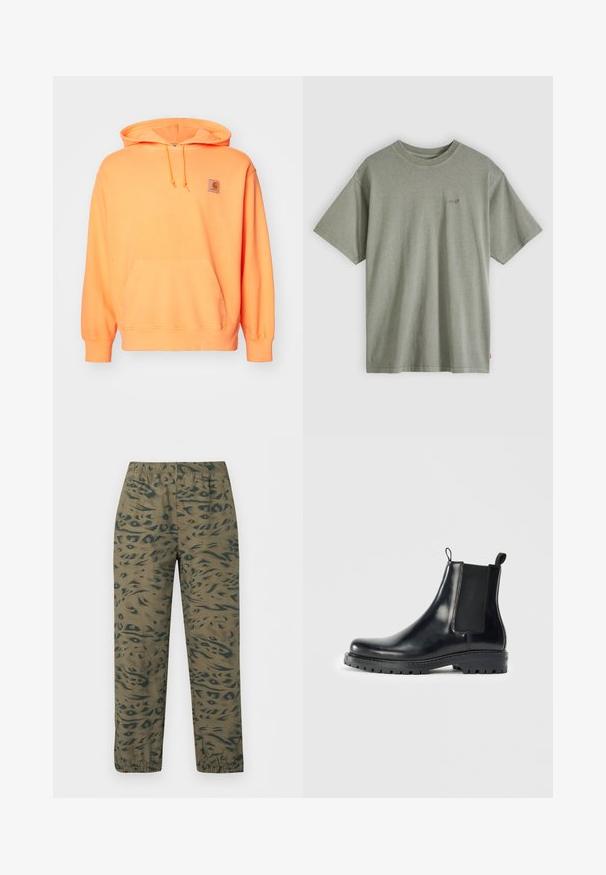 Sudadera con capucha de algodón naranja, con un bolsillo frontal, capucha ajustable con cordón y un pequeño parche de marca en el lado izquierdo del pecho. Textura suave.; Camiseta sencilla de manga corta en tono gris verdoso claro, con cuello redondo y pequeño logo de Levi's en el pecho izquierdo.; Pantalones jogger verde oliva con estampado abstracto de animales en verde oscuro, cintura elástica y puños elásticos en los tobillos.; Botas Chelsea de cuero negro con paneles laterales elásticos, una pestaña de bucle para facilitar el uso y una suela de goma resistente con un agarre texturizado.
