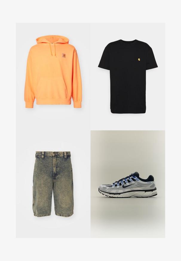 Sudadera con capucha de algodón naranja, con un bolsillo frontal, capucha ajustable con cordón y un pequeño parche de marca en el lado izquierdo del pecho. Textura suave.; Camiseta de algodón negra con mangas cortas, cuello redondo y un pequeño logo amarillo en el área del pecho izquierdo. Diseño simple y ajuste regular.; Pantalones cortos de mezclilla en azul claro con un acabado desgastado. Presentan una cintura clásica con pasadores para cinturón y piernas rectas, que terminan justo por encima de la rodilla.; Zapatilla de running Nike gris claro y negra con detalles azules, suela blanca y texto "P-6000" en el lateral del talón.