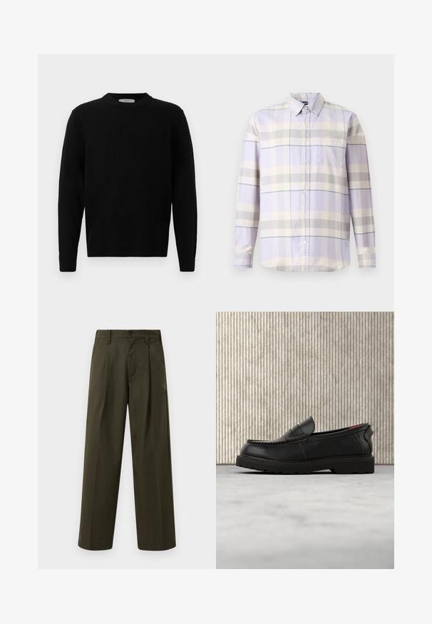 Sort strik sweater med rund hals, lange ærmer og ribbede manchetter. Blød tekstur med et rent, minimalistisk design, velegnet til afslappet brug.; Langærmet skjorte med knapper i lyse lilla, grå og creme ternet mønster og en brystlomme på hvid baggrund.; Olivengrønne wide-leg bukser lavet af bomuld med en glat tekstur, der har en frontlomme, bæltesløjfer og en enkelt knaplukning.; Sort læderloafer med robust sål og rødt indvendigt for, placeret i luften over beige tæppe og nær træmøbler.