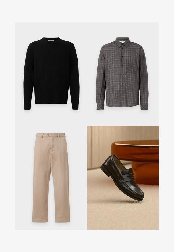 Pull en maille noir avec un col rond, des manches longues et des poignets côtelés. Texture douce avec un design épuré et minimal, adapté à un style décontracté.; Chemise à manches longues en tartan gris foncé avec des motifs de carreaux plus clairs, fermeture à boutons et poche poitrine. Fait de tissu léger.; Pantalons chino beige en coton léger, avec fermeture éclair et bouton, et coupe droite avec poches avant.; Mocassin en cuir noir brillant avec un détail de bride, posé sur un tapis beige près d'une table basse ronde en bois brun dans une pièce doucement éclairée.