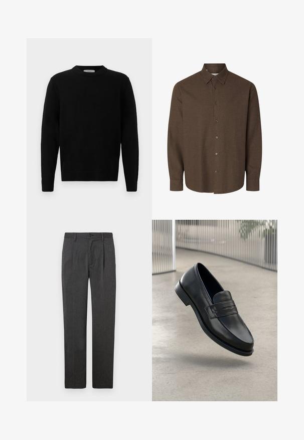 Sort strik sweater med rund hals, lange ærmer og ribbede manchetter. Blød tekstur med et rent, minimalistisk design, velegnet til afslappet brug.; Langærmet brun skjorte med knapper, med klassisk krave og manchetter med en enkelt knap, vist mod en hvid baggrund.; Grå skræddersyede bukser med lige ben, der har en frontfold, lynlås og knaplukning. Glat tekstur, klassisk design.; Sort lædersko med glat tekstur, spids tå og en dekorativ rem over vristen. Letvægts sål, minimalistisk design.