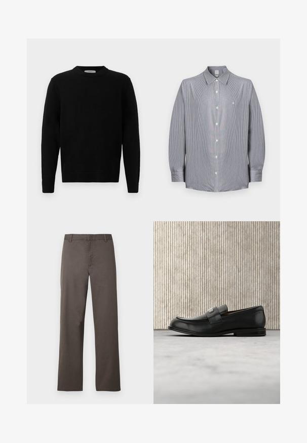 Zwarte gebreide sweater met ronde hals, lange mouwen en geribde manchetten. Zachte textuur met een schone, minimale uitstraling, geschikt voor casual draag.; Herenoverhemd met lange mouwen en knopen, met fijne grijs-witte strepen, puntige kraag en klein wit geborduurd logo op de borst.; Bruine katoenen broek met een rechte pijp, voorzien van riemlussen en een gladde textuur. Geen zichtbare patronen of metalen details.; Zwarte leren loafer met een metalen merktekenplaatje, rustend bij een bruine ronde tafel op een beige tapijtvloer.
