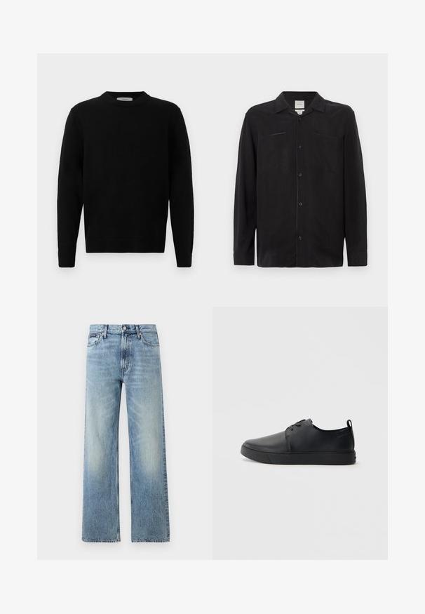 Suéter negro de punto con cuello redondo, mangas largas y puños acanalados. Textura suave con un diseño limpio y minimalista, apto para uso casual.; Camisa negra de manga larga hecha de tela ligera, con cuello en muesca, cierres de botones al frente y dos bolsillos en el pecho.; Vaqueros de mezclilla azul claro de corte recto con cintura alta, cinco bolsillos, cierre de botón y sutil desgaste en los muslos y las rodillas.; Zapatilla negra de cuero con acabado suave, punta redondeada, costuras a tono, cordones en la parte delantera y suela de goma plana. Asa en el talón.