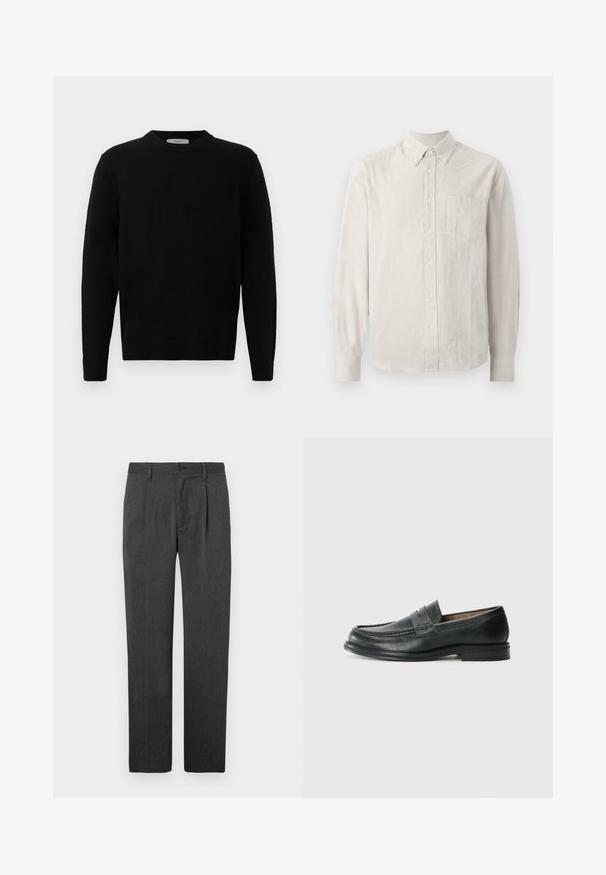 Sort strik sweater med rund hals, lange ærmer og ribbede manchetter. Blød tekstur med et rent, minimalistisk design, velegnet til afslappet brug.; Button-up skjorte i lys beige med tynde lodrette striber, lange ærmer, krave og en enkelt brystlomme. Blødt stof med en glat tekstur.; Grå skræddersyede bukser med lige ben, der har en frontfold, lynlås og knaplukning. Glat tekstur, klassisk design.; Sorte læder loafers med et klassisk design, der har en syet detalje ved tåen og en lav, tekstureret gummisål.
