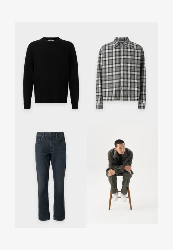Sort strik sweater med rund hals, lange ærmer og ribbede manchetter. Blød tekstur med et rent, minimalistisk design, velegnet til afslappet brug.; Sort og hvid ternet skjorte med knapper, krave, lange ærmer og en afslappet pasform. Fremstillet af et blødt, tekstureret stof.; Mørkeblå denim jeans med lige pasform, fem-lomme design og knaplukning. Har diskret falmning og kontrastsyning.; Ung mand i mørk læderjakke og jeans sidder på en træskammel, læner sig fremad med armene krydset og kigger til siden mod hvid baggrund.