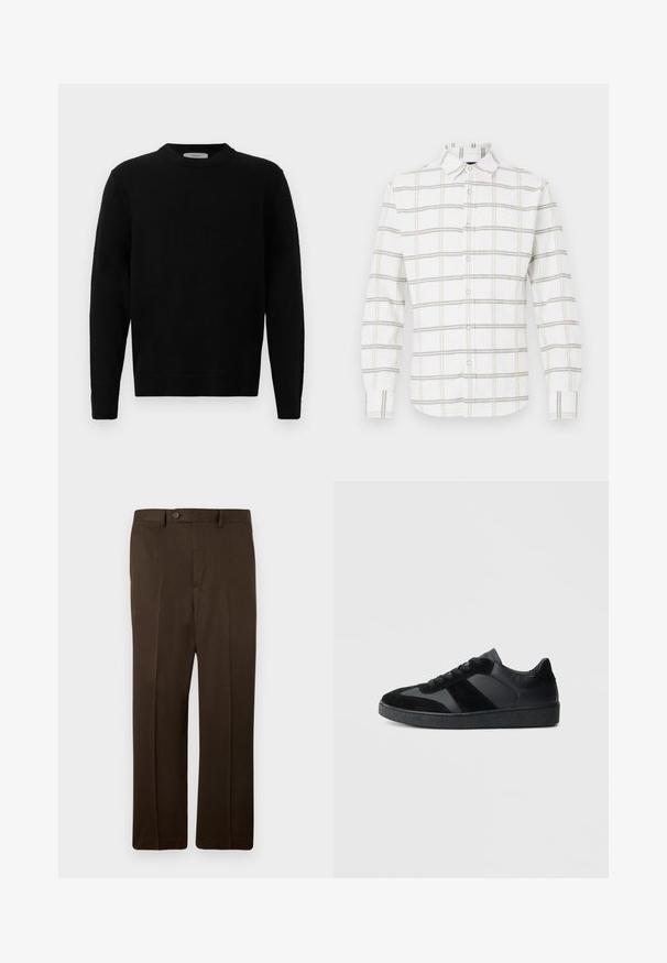 Sort strik sweater med rund hals, lange ærmer og ribbede manchetter. Blød tekstur med et rent, minimalistisk design, velegnet til afslappet brug.; Hvid skjorte med knapper, der har et ternet mønster i lysebeige og grå. Fremstillet af blødt stof med en standardkrave og justerbare manchetter.; Mørkebrune herre formelle bukser med lige ben, bæltestropper, forreste knap og skjult lynlås.; Sorte sneakers med en kombination af glat læder og ruskind, med en tekstureret sort gummisål og subtil stripingdetalje.