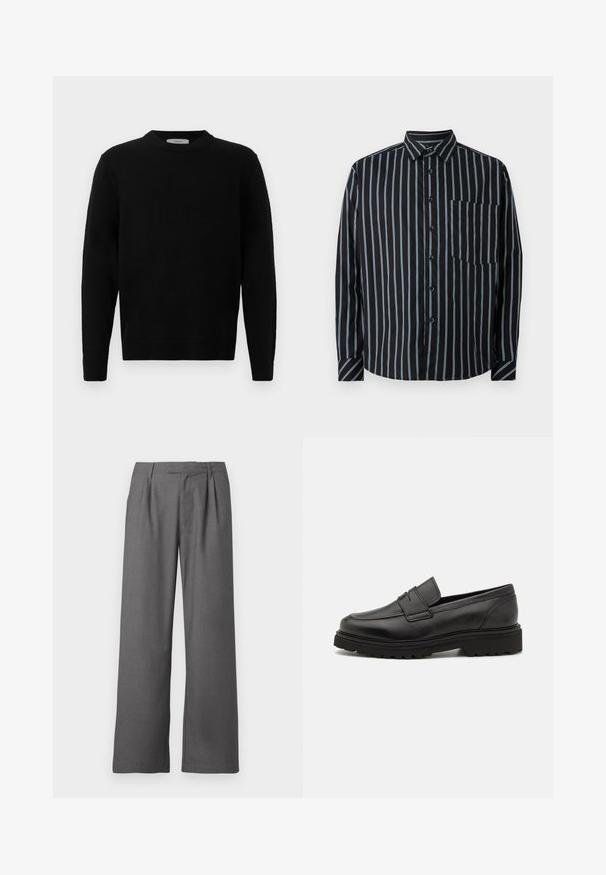 Pull en maille noir avec un col rond, des manches longues et des poignets côtelés. Texture douce avec un design épuré et minimal, adapté à un style décontracté.; Chemise noire à boutons avec des rayures verticales bleues, manches longues, col et poche poitrine. Tissu lisse, coupe décontractée, boutons standard.; Pantalons gris à jambes larges en tissu lisse, dotés d'un devant plissé, de poches latérales et d'une taille ajustée avec passants de ceinture.; Mocassin en cuir noir avec un bout rond, des détails cousus, et une semelle épaisse et texturée. Présente un design élégant et minimaliste.