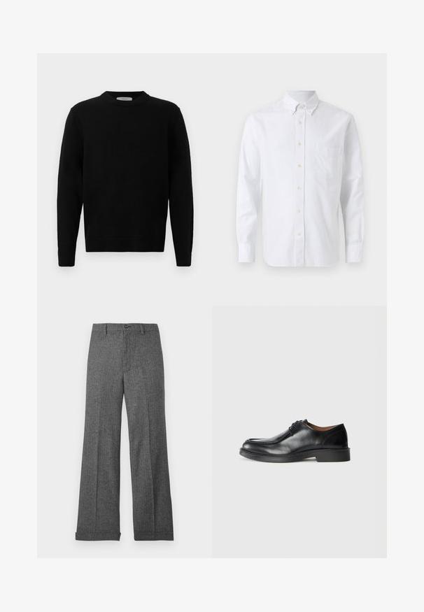 Suéter negro de punto con cuello redondo, mangas largas y puños acanalados. Textura suave con un diseño limpio y minimalista, apto para uso casual.; Camisa blanca de manga larga con botones, cuello abotonado y un bolsillo en el pecho, mostrada sobre un fondo liso.; Pantalones de pierna ancha, de color gris, confeccionados con una tela texturizada con un patrón sutil, que incluyen cierre frontal de botones y puños dobladillados.; Zapato de vestir de cuero negro con punta redonda, superficie lisa, detalles de cordones y suela de goma texturizada baja. Líneas limpias y diseño minimalista.