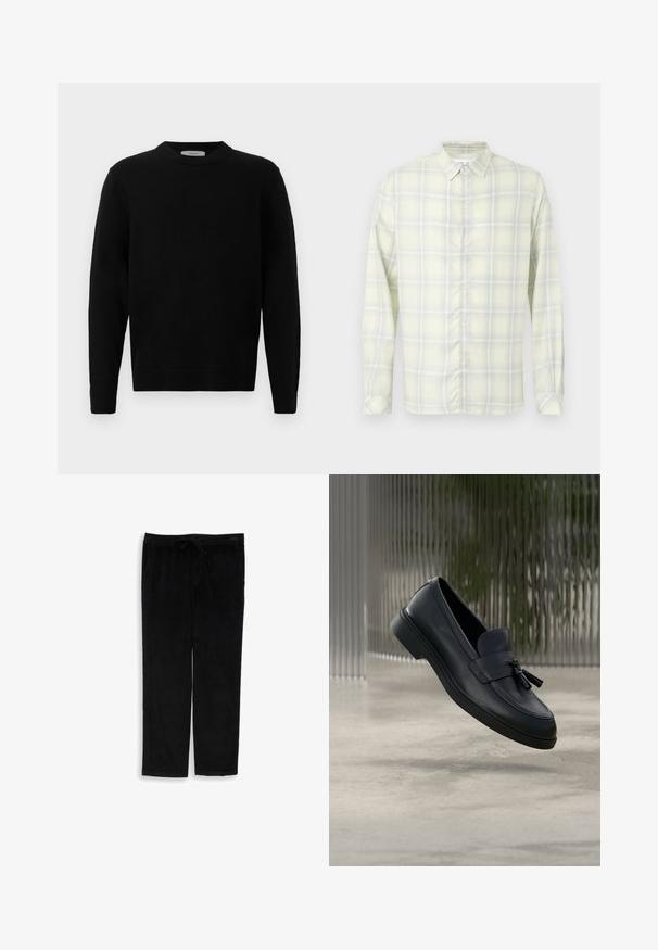 Suéter negro de punto con cuello redondo, mangas largas y puños acanalados. Textura suave con un diseño limpio y minimalista, apto para uso casual.; Camisa de cuadros amarilla clara de manga larga con botones y cuello, mostrada extendida sobre un fondo blanco.; Pantalones de pana negros con cinturilla elástica y cordón de ajuste, corte recto, presentados sobre un fondo blanco.; Mocasines de cuero negro con textura suave, punta redondeada y borlas decorativas en el frente. Suela de goma flexible con tacón bajo.