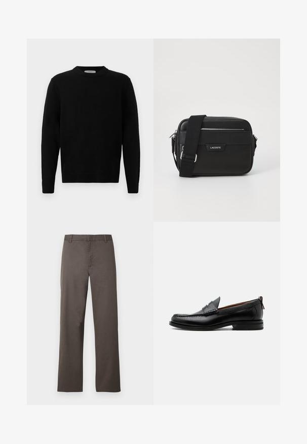 Sort strik sweater med rund hals, lange ærmer og ribbede manchetter. Blød tekstur med et rent, minimalistisk design, velegnet til afslappet brug.; Brune bomuldsbukser med et design i lige ben, der har bæltestropper og en glat tekstur. Ingen synlige mønstre eller hardware-detaljer.; Sort læder herre loafer med moc-tå syning, penny strop, struktureret krave og lav stablet hæl på hvid baggrund.; Sort messenger taske lavet af struktureret syntetisk materiale, med sølvhardware, justerbar rem og med et frontlogo-plakette samt lynlås lukning.