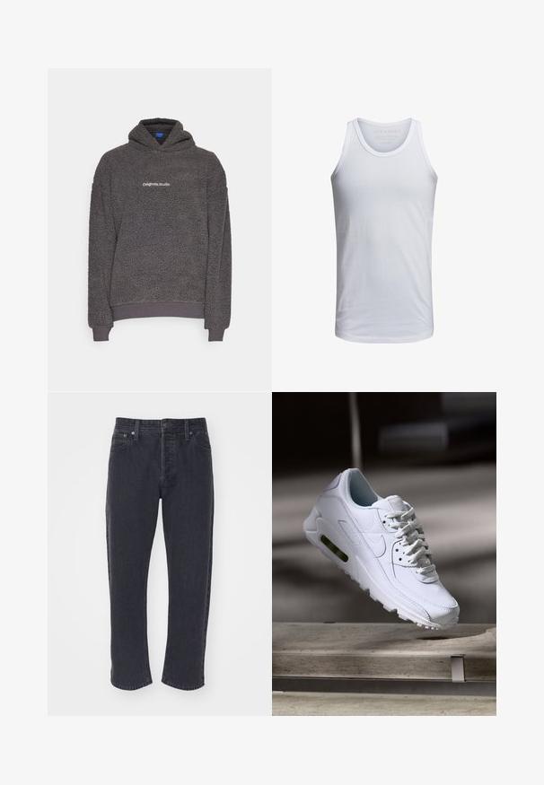Dark gray, textured fleece hoodie with “originals Studio” text printed on the chest, ribbed cuffs and hem, displayed on a plain background.; White cotton tank top with a crew neckline, wide shoulder straps, and minimal branding printed inside the collar. Soft texture, casual fit.; Dark gray denim jeans with a straight cut, five pockets, and metal hardware. Features contrast stitching and a slightly faded texture.; White leather sneaker with textured surfaces, padded collar, and visible air cushioning in sole. Features laces and a minimalistic design.