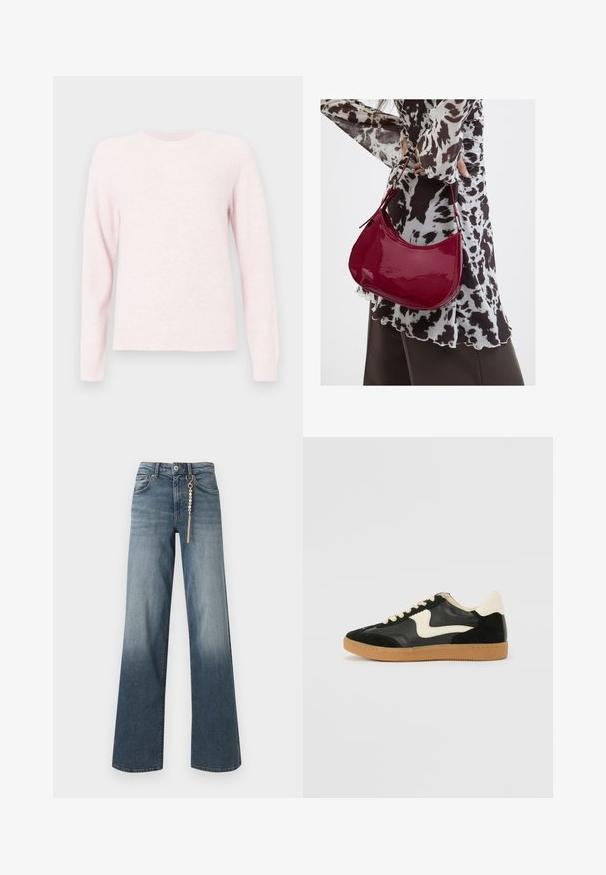 Sweater rose clair en tissu doux, avec un col rond, des manches raglan longues et des bords côtelés au niveau des poignets et de l'ourlet.; Jean droit en denim bleu avec un lavage délavé et une chaîne dorée ornée de perles suspendue à la boucle de ceinture avant.; Baskets en daim et cuir noir avec un swoosh latéral crème et un talon crème clair. Dotées de lacets beige et d'une semelle en caoutchouc gomme.; Femme portant un chemisier à motif noir et blanc tenant un sac à main rouge brillant sur un fond uni.