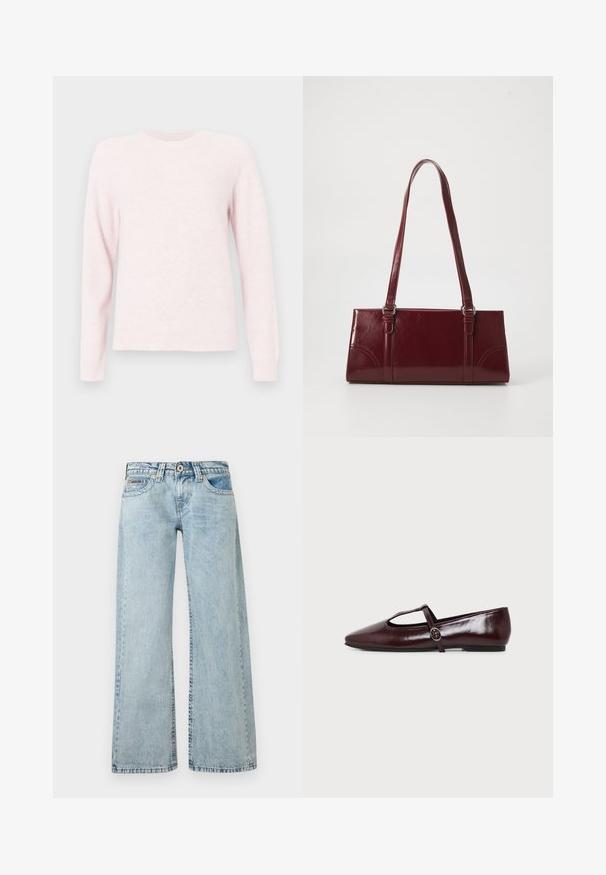 Sweater rose clair en tissu doux, avec un col rond, des manches raglan longues et des bords côtelés au niveau des poignets et de l'ourlet.; Jean bleu clair taille haute à jambes larges avec fermeture par bouton et fermeture éclair, poches avant et arrière, et coutures visibles.; Chaussure plate en cuir bordeaux foncé avec un bout pointu et une fine bride en T avec une boucle argentée sur fond blanc.; Sac à main bordeaux en matériau brillant, de forme rectangulaire, avec deux anses et des accents légèrement courbés à l'avant.