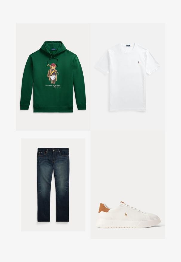 Σκούφο πράσινο φούτερ με γραφικό μιας αρκούδας με εξοπλισμό πόλο που κρατά ένα γκλομπ, με ετικέτα ""Polo Bear by Ralph Lauren"" και υπογραφή από κάτω.; Λευκό βαμβακερό μπλουζάκι, στρογγυλή λαιμόκοψη, με κοντά μανίκια, με μικρό πολύχρωμο κεντητό λογότυπο στο αριστερό στήθος. Ομαλή υφή, κλασική εφαρμογή.; Σκούρο μπλε τζιν με ίσια γραμμή, διακριτική ξεθώριαση κοντά στα γόνατα και πορτοκαλί ραφές στα τσέπες και τις ραφές.; Λευκό sneaker χαμηλού προφίλ με ταμπά ταμπάκι στη φτέρνα, λευκά κορδόνια και μικρό κεντητό λογότυπο παίκτη πόλο στη πλευρά πάνω από χονδρό πάτο.