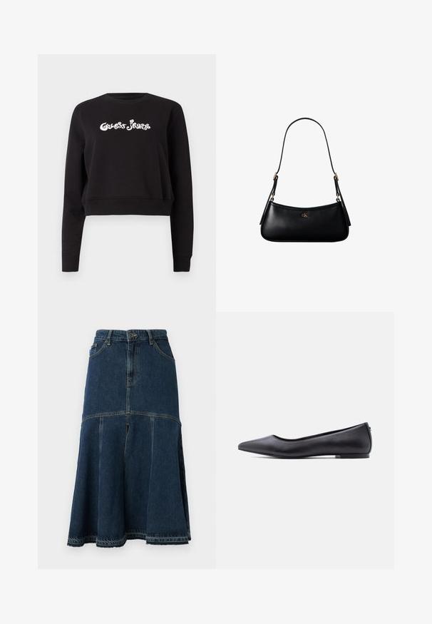 Mustmust, musta, lühendatud varrukatega, mis on valmistatud puuvillast, paksus, millel on pikkade varrukatega ja ümmargune kaelus. Ees on valge "Guess Jeans" brändimisega.; Tume sinine teksaseelik, millel on laiem kuju, kõrge vöökoht, esipocketid ja toor-libisev serv. Kulunud tekstuur ja õmbluse üksikasjad.; Must nahkjala kinga madala kontsaga, külgvaates valge tausta ees.; Mustast nahast väike õlakott õhukese rihmaga ja väikese kuldse CK logoga esikülje keskel.