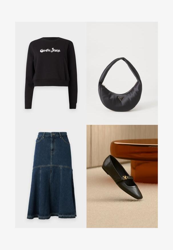 Sort cropped sweatshirts lavet af bomuld, med lange ærmer og rund halsudskæring. Foran ses hvid "Guess Jeans" branding.; Denimnederdel i mørkeblå med en udvidet form, der har høj talje, forlommer og en rå kant. Slidt tekstur og syning detaljer.; Sort læder flad sko med spids tå og gyldent CK-logo på rem, placeret på beige tæppe nær et rundt ravbrunt bord.; Sort satin håndtaske med en buet form, der har en lynlåslukning og et trekantet logo i metal på forsiden. Glat tekstur og slankt design.