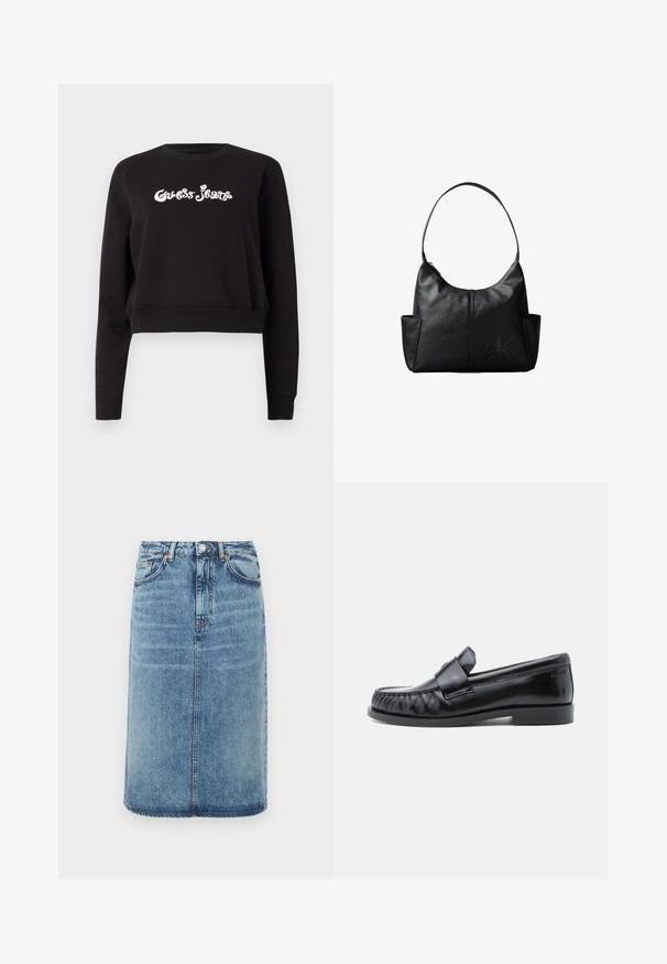 Mustmust, musta, lühendatud varrukatega, mis on valmistatud puuvillast, paksus, millel on pikkade varrukatega ja ümmargune kaelus. Ees on valge "Guess Jeans" brändimisega.; Heled sinine teksaseelik. Omab sirget siluetti, viit taskut ja nupuga kinnitamist vöödümbristega. Kulunud tekstuuri aktsendid.; Mustad nahast loafers musta värvi, ümarate varvastega, eristuva õmblusega ja dekoratiivse rihmaga vampi üle. Sile viimistlus ja madal konts.; Mustast nahast õlakott ühe rihmaga, küljetaskudega ja peene reljeefse Calvin Kleini logoga ühe alumise paremal eespool.