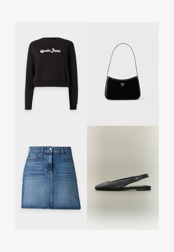 Mustmust, musta, lühendatud varrukatega, mis on valmistatud puuvillast, paksus, millel on pikkade varrukatega ja ümmargune kaelus. Ees on valge "Guess Jeans" brändimisega.; Keskmise sinise pesu denim seelik, millel on kõrge vöökoht, ees asuv nööpide sulgemine, kaks külgtaskut ja sirge siluett.; Mustast nahast slingback madala kontsaga king, terava kärje ja kuldse logoga rõhutusega rihmal, esitatuna neutraalsel taustal.; Mustast lakknahast õlakott õhukese rihmaga, ees kolmnurkne Guessi logo ja peal lukuga sulgemine.