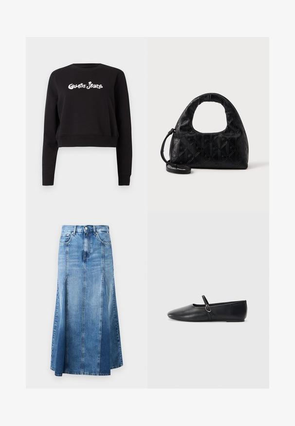 Čierny skrátený sveter vyrobený z bavlny, s dlhými rukávmi a okrúhlym výstrihom. Na prednej strane je biele logo "Guess Jeans".; Džínová sukňa s svetlomodrým až tmavomodrým gradientom, po kolená, so rovný strihom, prednými rozparkami a klasickým zapínaním na gombík a zips.; Čierne kožené baletky s špicatou špičkou, plochou podrážkou a malým remienkom so striebornou prackou.; Čierna kožená kabelka s zakrivenou hornou rukoväťou, jemným diamantovým vzorom a odnímateľným popruhom. Povrch je hladký s embosovanými detailmi.