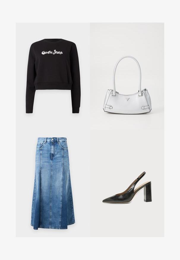 Mustmust, musta, lühendatud varrukatega, mis on valmistatud puuvillast, paksus, millel on pikkade varrukatega ja ümmargune kaelus. Ees on valge "Guess Jeans" brändimisega.; Denimseelik, millel on helesinisest tumedama sinise gradient, põlve pikkune, sirge lõikega, ees lõhikute ja klassikalise nupule ja tõmbluku kinnitusega.; Mustast nahast terava varbaga slingback-kinga kõrge plokk-kontsaga ja beežsisemise voodriga tavalise heledal taustal.; Hõbe käekott, millel on struktureeritud disain, kahe sangaga, läikiva tekstuuriga, aksessuaaride detailidega ja kolmnurkse logoga esiküljel.