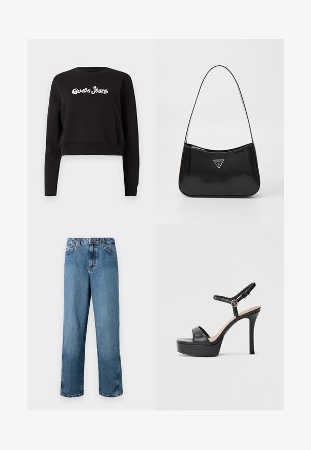 Mustmust, musta, lühendatud varrukatega, mis on valmistatud puuvillast, paksus, millel on pikkade varrukatega ja ümmargune kaelus. Ees on valge "Guess Jeans" brändimisega.; Heledad sinine denim põlvpüksid sirge lõikega, millel on tikitud taskud, ees oleva nööbi sulgemine ja minimaalne kulumine kangal.; Mustad platvormsandaalid kõrge kontsaga, millel on sile nahast pealmine osa, avatud varbaga disain ja reguleeritav pahkluu rihm metalldetailidega.; Must küllastatud nahast õlakott, millel on kumer kuju, hõbedase kolmnurkse logo ja tõmblukuga sulgemine. Sile tekstuur ja õhuke rihm.
