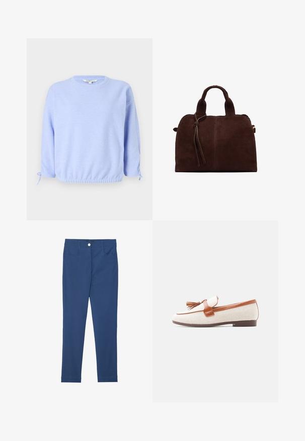 Lichtblauwe pullover sweatshirt met een ronde hals, elastische zoom en trekkoordaccenten op de mouwen. Zachte textuur, casual pasvorm.; Blauwe slim-fit broek van een katoenmix, met een knoop aan de voorkant, ritssluiting, twee zakken en een schone, gladde textuur.; Dames slip-on loafer met beige stof, bruine lederen afwerking, kwastdetail en bruine platte zool, zijaanzicht op een witte achtergrond.; Bruine suède handtas met twee bovenhandvatten, een strikdetail aan de voorkant en contrasterende stiksels. Zachte textuur en gestructureerde vorm.