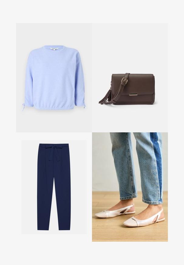 Lichtblauwe pullover sweatshirt met een ronde hals, elastische zoom en trekkoordaccenten op de mouwen. Zachte textuur, casual pasvorm.; Marineblauwe broeken met een striktaille, zijzakken en een losse pasvorm. Gemaakt van een gladde stof met een subtiele glans. Draagt een geklede uitstraling met plooien.; Zachtroze slingback ballerina's met een spitse neus, gemaakt van een glad leerachtig materiaal. Bevat uitsnijdingen aan de zijkanten en heeft een platte hak.; Bruine faux leren schoudertas met een flapsluiting, gouden hardware en een zijtassel. Verstelbare schouderband voor veelzijdig gebruik.