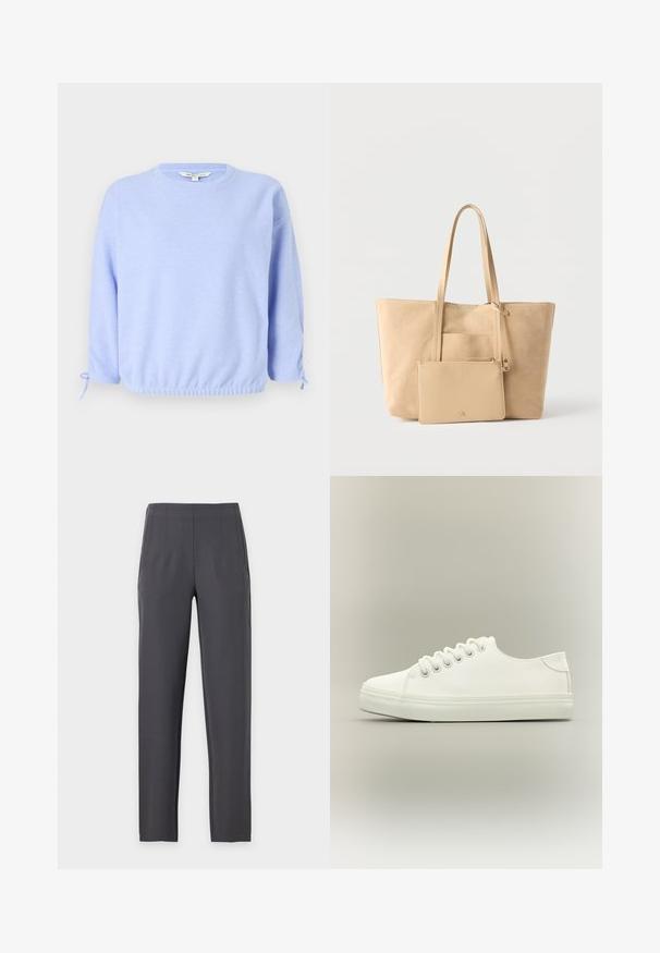 Sudadera de color azul claro, con cuello redondo, dobladillo elástico y detalles con cordones en las mangas. Textura suave, ajuste informal.; Pantalones de pierna recta en gris oscuro con cintura alta y pliegues frontales sutiles, mostrados sobre un fondo claro y liso.; Zapatilla blanca baja con cordones blancos y suela de goma mostrada desde vista lateral sobre un fondo neutro.; Bolso tote de ante beige con asas largas y un bolso con cremallera a juego adjunto sobre un fondo blanco liso.
