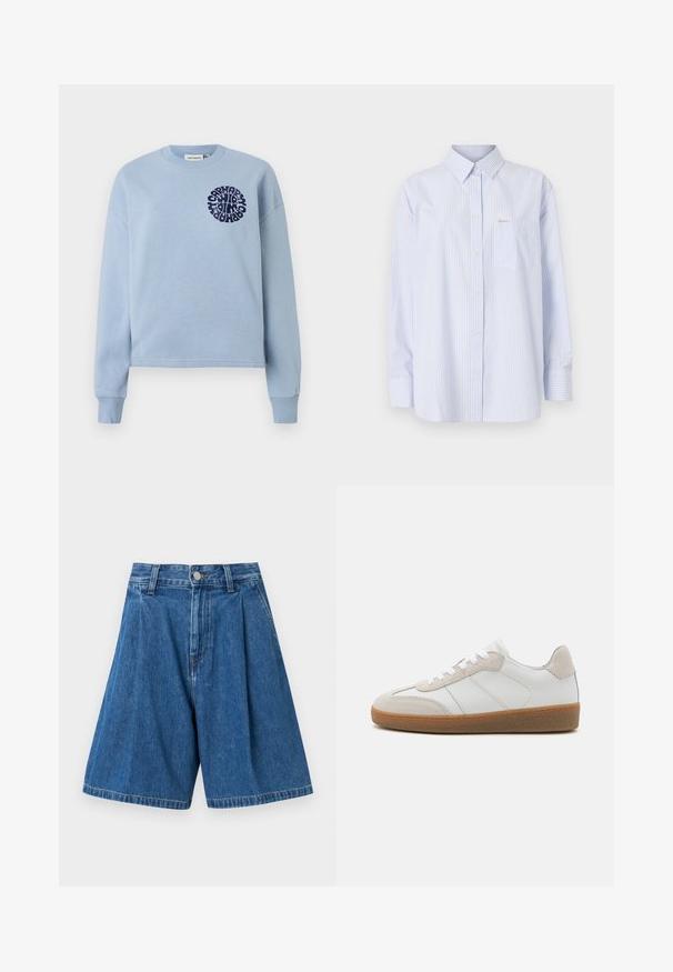 Sweatshirt en coton bleu clair avec manches longues et col rond. Présente un design graphique circulaire marine sur la poitrine gauche. Texture douce.; Chemise boutonnée rayée bleu clair et blanche, avec un col classique, des manches longues, une poche avant et une petite étiquette de logo.; Bermudas en denim bleu avec un devant plissé, dotées d'une taille standard et d'une fermeture à bouton. Texture lisse et jambes droites.; Baskets en cuir blanc avec des accents en suède beige, languette texturée et semelle en caoutchouc. Elles sont dotées de lacets blancs et de détails couture subtils.