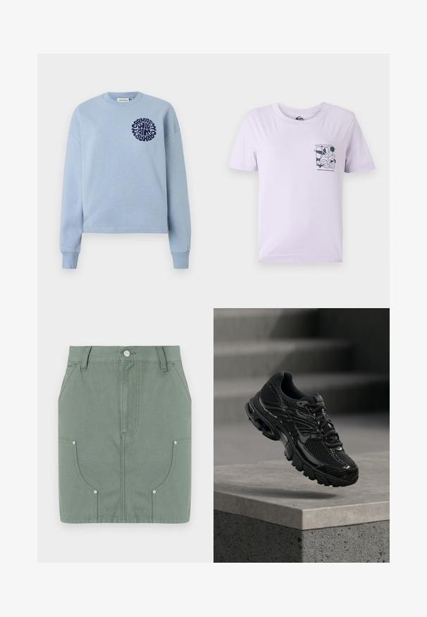Sweatshirt en coton bleu clair avec manches longues et col rond. Présente un design graphique circulaire marine sur la poitrine gauche. Texture douce.; T-shirt violet clair à manches courtes en coton, avec un design abstrait noir et du texte sur la zone gauche de la poitrine.; Jupe en coton vert avec un design ajusté, dotée de poches avant, d'une texture lisse et de détails en métal sur les poches.; Chaussure de course noire Nike avec tige en mesh et synthétique flottant au-dessus d'une surface en béton avec des marches en arrière-plan.