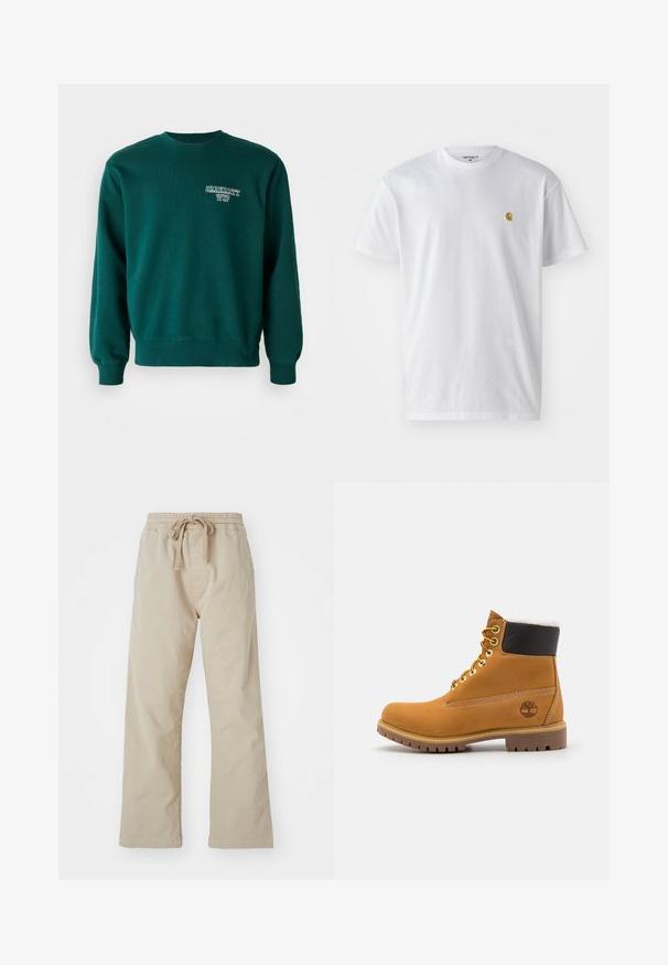 Grøn sweatshirt lavet af bomuldsblandet stof med ribbet rund halsudskæring, mansjetter på ærmerne og et lille hvidt logo på forsiden.; Hvid bomulds t-shirt med korte ærmer, rund hals og et lille guld logo på venstre brystområde. Blød tekstur og almindelig pasform.; Beige bomuldsbukser med elastisk talje og snoretræk. Lige ben-design, glat stof og ingen synlige mønstre eller detaljer.; Brune læder ankelstøvle med metaløjer, hvid pelsforing, sort polstret krave, robust sål og præget logo på siden.