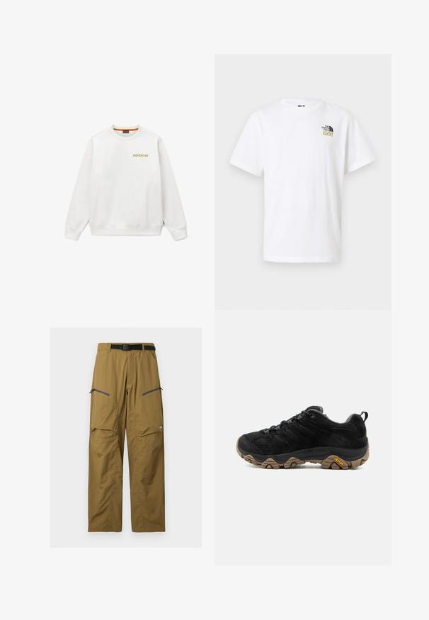 Sweat-shirt blanc à col rond avec manches longues, poignets et ourlet côtelés, et petit logo jaune "NAPAPIJRI" sur la poitrine gauche.; T-shirt blanc à manches courtes avec col rond et petit logo noir et or The North Face 1966 sur la poitrine en haut à gauche.; Pantalon de plein air kaki avec ceinture noire réglable, deux poches zippées sur les cuisses et coutures au niveau des genoux, présenté sur un fond uni.; Chaussure de randonnée noire avec semelle Vibram marron robuste, dessus en mesh et en daim, design à lacets et languette arrière, vue de côté extérieur.
