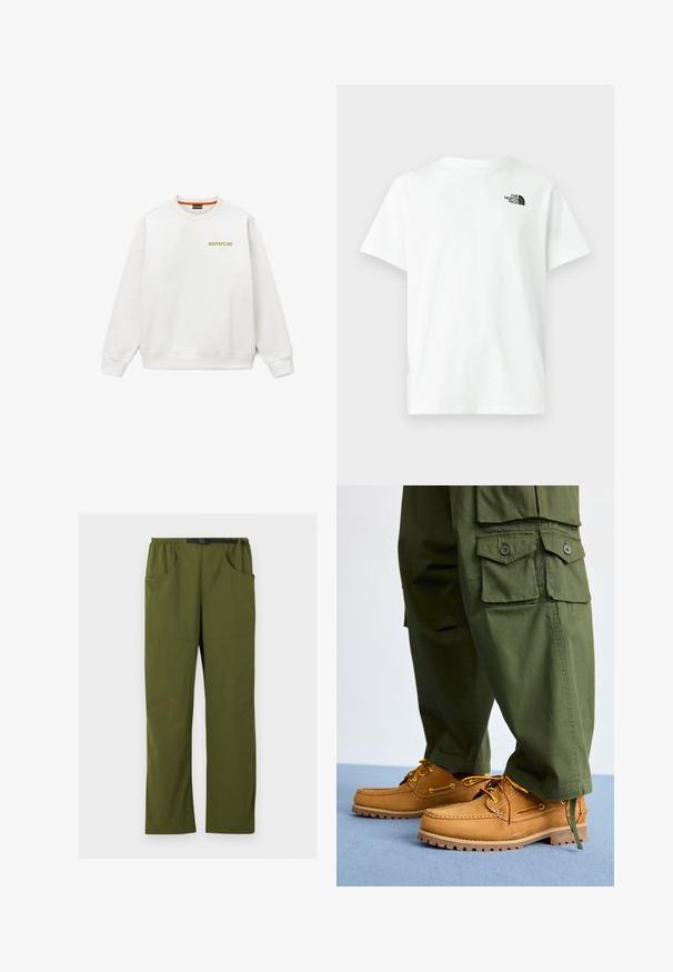 Sweat-shirt blanc à col rond avec manches longues, poignets et ourlet côtelés, et petit logo jaune "NAPAPIJRI" sur la poitrine gauche.; T-shirt blanc en coton à manches courtes et col rond, avec un petit logo noir de The North Face sur le côté gauche de la poitrine.; Pantalon droit vert olive avec taille élastique et ceinture noire ajustable à boucle, poches avant et latérales, détail coutures avant.; Timberland AUTHENTIC 3 EYE - Chaussures bateau - wheat