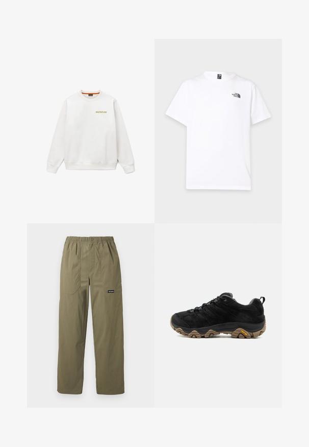 Sweat-shirt blanc à col rond avec manches longues, poignets et ourlet côtelés, et petit logo jaune "NAPAPIJRI" sur la poitrine gauche.; T-shirt blanc à manches courtes avec col rond et petit logo noir The North Face sur la partie supérieure gauche de la poitrine.; Pantalon droit couleur vert olive avec taille élastique, poches plaquées avant, fermeture par bouton, et logo Columbia sur la poche droite.; Chaussure de randonnée noire avec semelle Vibram marron robuste, dessus en mesh et en daim, design à lacets et languette arrière, vue de côté extérieur.