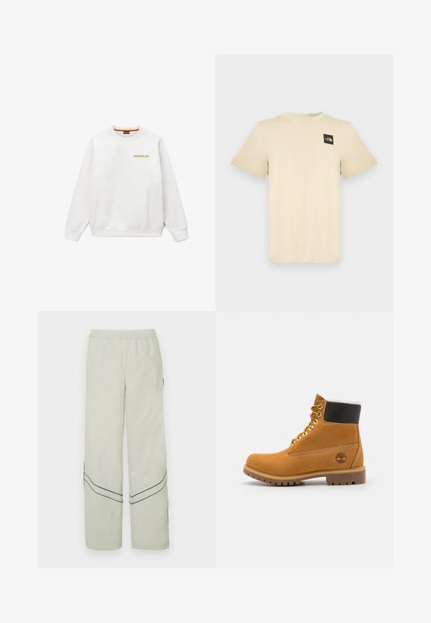 Sweat-shirt blanc à col rond avec manches longues, poignets et ourlet côtelés, et petit logo jaune "NAPAPIJRI" sur la poitrine gauche.; T-shirt beige à manches courtes en coton, avec un petit logo carré noir sur la partie supérieure gauche de la poitrine. Col rond simple.; Pantalon ample vert clair avec une taille élastique, présentant des lignes diagonales vert foncé et un design simple. Tissu lisse et léger.; Bottine en cuir brun avec œillets en métal, doublure en fourrure blanche, col rembourré noir, semelle robuste et logo en relief sur le côté.