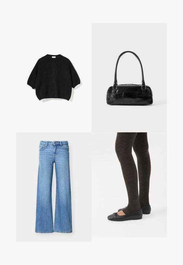 Zwarte gebreide trui met een ronde hals, oversized pasvorm en korte mouwen. Zachte textuur met een licht pluizige uitstraling. Geen zichtbare patronen.; Lichtblauwe denim jeans met een hoge taille, knoop- en ritssluiting, voorzakken en wijde pijpen.; Benen met donkere geribbelde leggings gecombineerd met zwarte ballerina's met kleine strikdetails op een witte achtergrond.; Zwarte leren handtas met een rechthoekige vorm, voorzien van een enkele gestructureerde handgreep, zilveren hardware en ritsluiting. Gladde textuur.