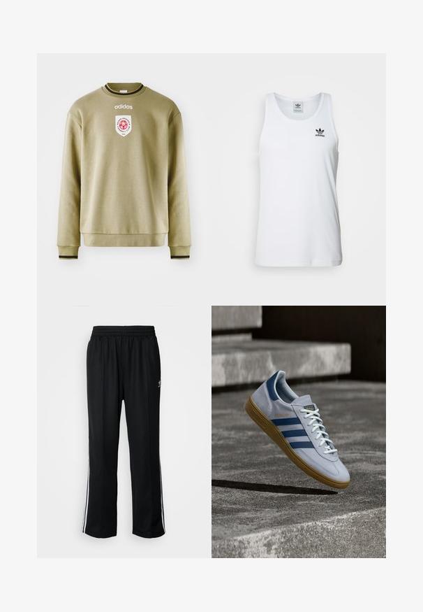 Olive roheline sviiter ümmarguse kaelusega, ribaga randmete ja hemiga. Omab tikandiga logo ja punaste aktsentidega pätsi. Sile tekstuur.; Valge sooniline tank top ümmarguse kaelusega, must Adidas logo vasakul rinnal ning ilma varrukateta. Pehme puuvillane materjal, juhuslik sobivus.; Mustad mustad spordipüksid elastse vöökohaga, millel on valged küljeread ja väike logo. Materjal tundub pehme ja kerge.; Helehall Adidas Spezial toss tumedasiniste triipude ja kummipõhjaga, kujutatud õhus betooniastmete kohal neutraalses välistingimustes.