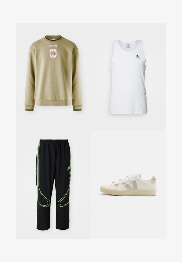 Olivengrøn sweatshirt med rund hals, ribstrikkede manchetter og kant. Har et broderet logo og et mærke med røde accenter. Glat tekstur.; Hvid ribbet tanktop med rund halsudskæring, sort Adidas-logo på venstre bryst og uden ærmer. Blødt bommateriale, afslappet pasform.; Sorte Adidas sportbukser med neongrønne buede linjer og tre striber på siderne, elastisk livrem og Adidas-logo på forsiden af låret.; Hvide lædersneakers med Velcro-remme, beige accenter, rund tå, tekstureret gummisål og prægede logo. Minimalistisk design.