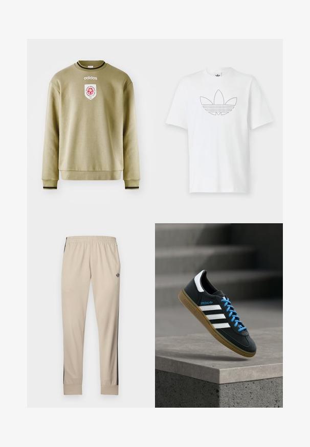 Olivengrøn sweatshirt med rund hals, ribstrikkede manchetter og kant. Har et broderet logo og et mærke med røde accenter. Glat tekstur.; Hvid bomulds-T-shirt med en prikket sort kontur af et trefoil-logo på fronten. Korte ærmer og rund halsudskæring.; Beige træningsbukser med sorte sidepaneler, elastisk linning og tilspidsede manchetter. Fremstillet af blødt stof og med en lille logo ved hoften.; Sort Adidas sneaker med hvide striber, blå snørebånd og gummisål, der svæver over gråt betontrin i blødt lys.