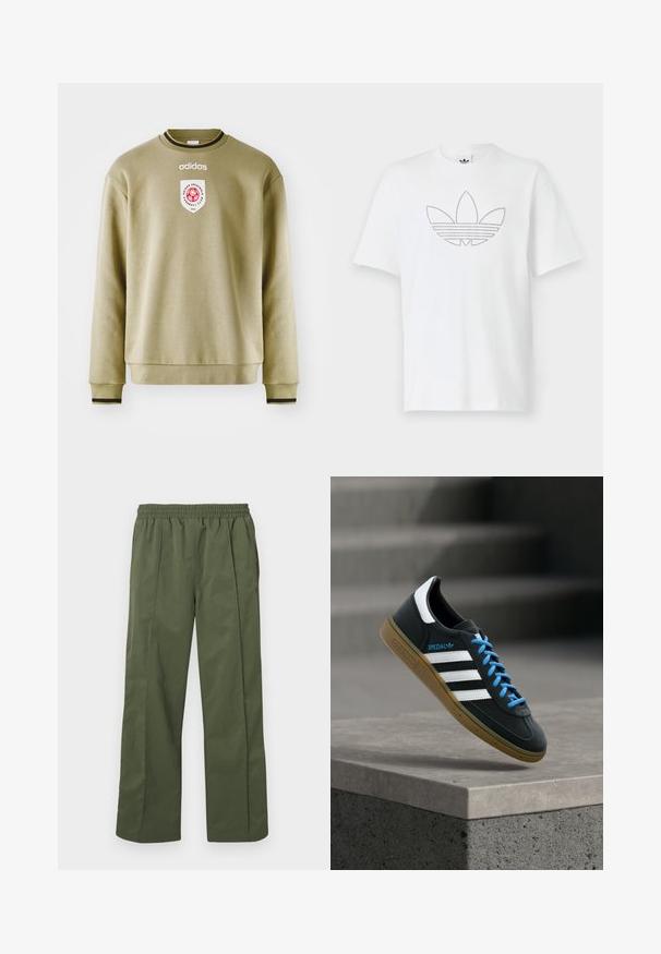 Olijfgroene sweatshirt met een ronde hals, ribgebreide manchetten en zoom. Heeft een geborduurd logo en een patch met rode accenten. Soepele textuur.; Witte katoen T-shirt met een gestippeld zwart omtreklijn van een trefoil-logo aan de voorkant. Korte mouwen en een ronde hals.; Groene, lichte, wijd uitlopende broek met een elastische tailleband en zijzakken. Soepele textuur met een losse pasvorm, ontworpen voor comfort.; Zwarte Adidas-sneaker met witte strepen, blauwe veters en een gumzool die boven een grijze betonnen trede zweeft in zacht licht.