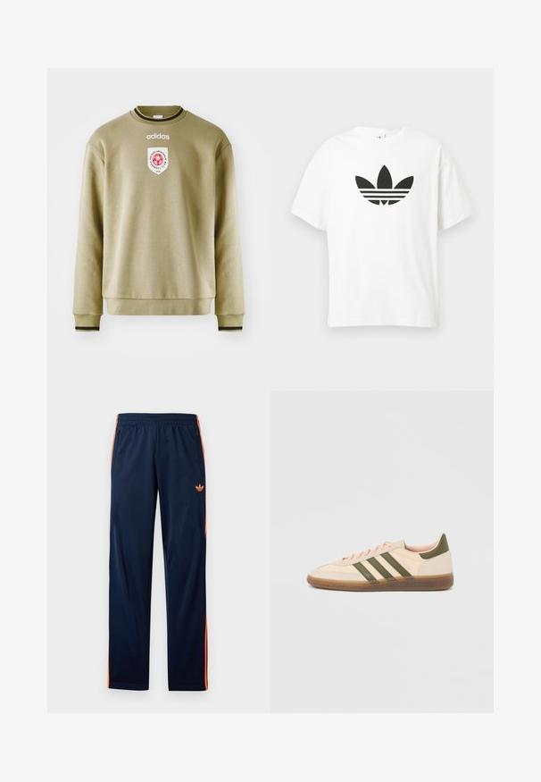 Olive roheline sviiter ümmarguse kaelusega, ribaga randmete ja hemiga. Omab tikandiga logo ja punaste aktsentidega pätsi. Sile tekstuur.; Valge puuvillane T-särk, millel on suur must Adidas trefoil logo ja kolm horisontaalset riba all. Lühikesed varrukad, ümmargune kaelus.; Tumesinised spordipüksid oranži küljeribadega, elastse vöökohaga, esikäepidemetega, millel on lukuga taskud, ja väikese oranži Adidas logo reiel.; Madalprofiilne beež Adidas Spezial toss rohelist värvi triipude, kummist tallaga ja "SPEZIAL" brändinguga küljel, nähtav välisküljelt.